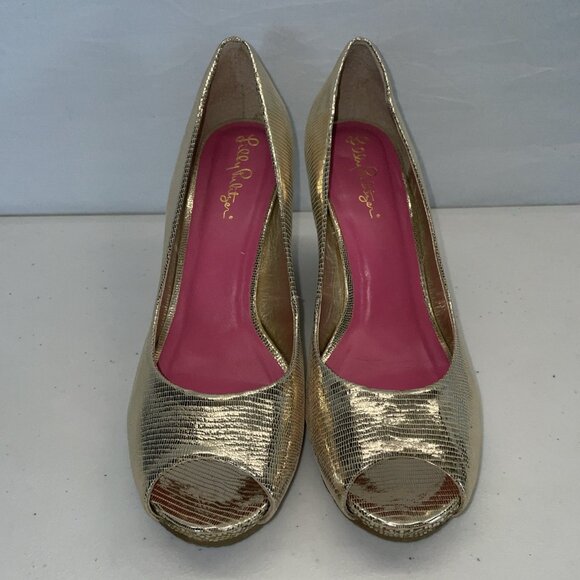 Lilly Pulitzer Sz 7.5 Gold Resort Chic Peep Toe Wedge Pumps Womens Shoes Leather - Picture 5 of 8